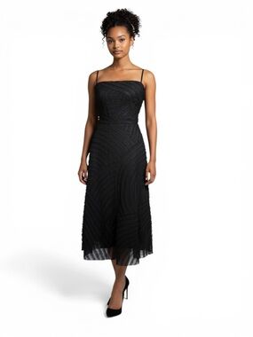 BCBGMaxAzria Black Textured Spaghetti-Strap Midi Dress Fit Flare